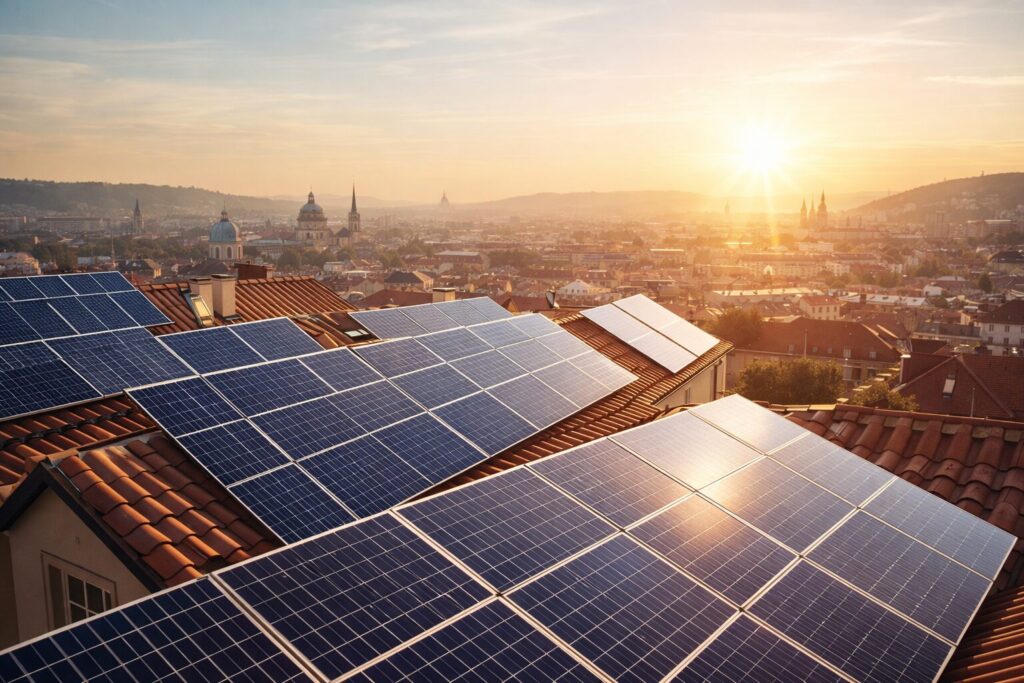 Painéis solares sobre telhados europeus